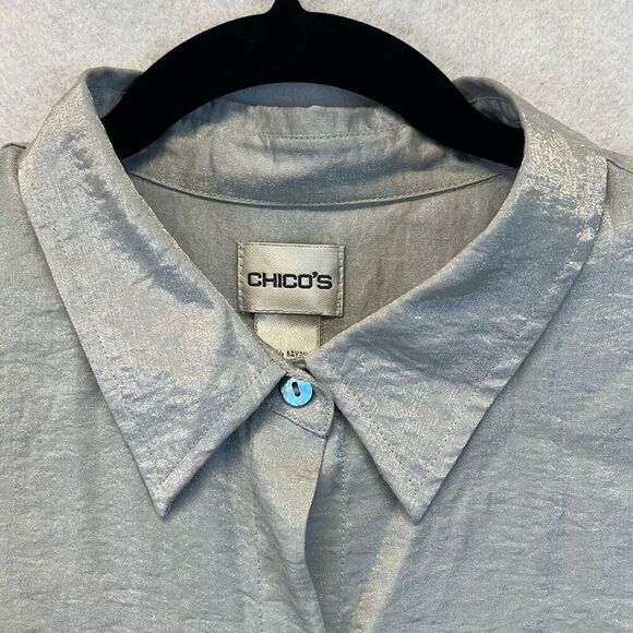 CHICO'S Shirt Women’s Size 3 Silver Shimmer Long Sleeve Button Down Blouse Top X - Picture 3 of 11